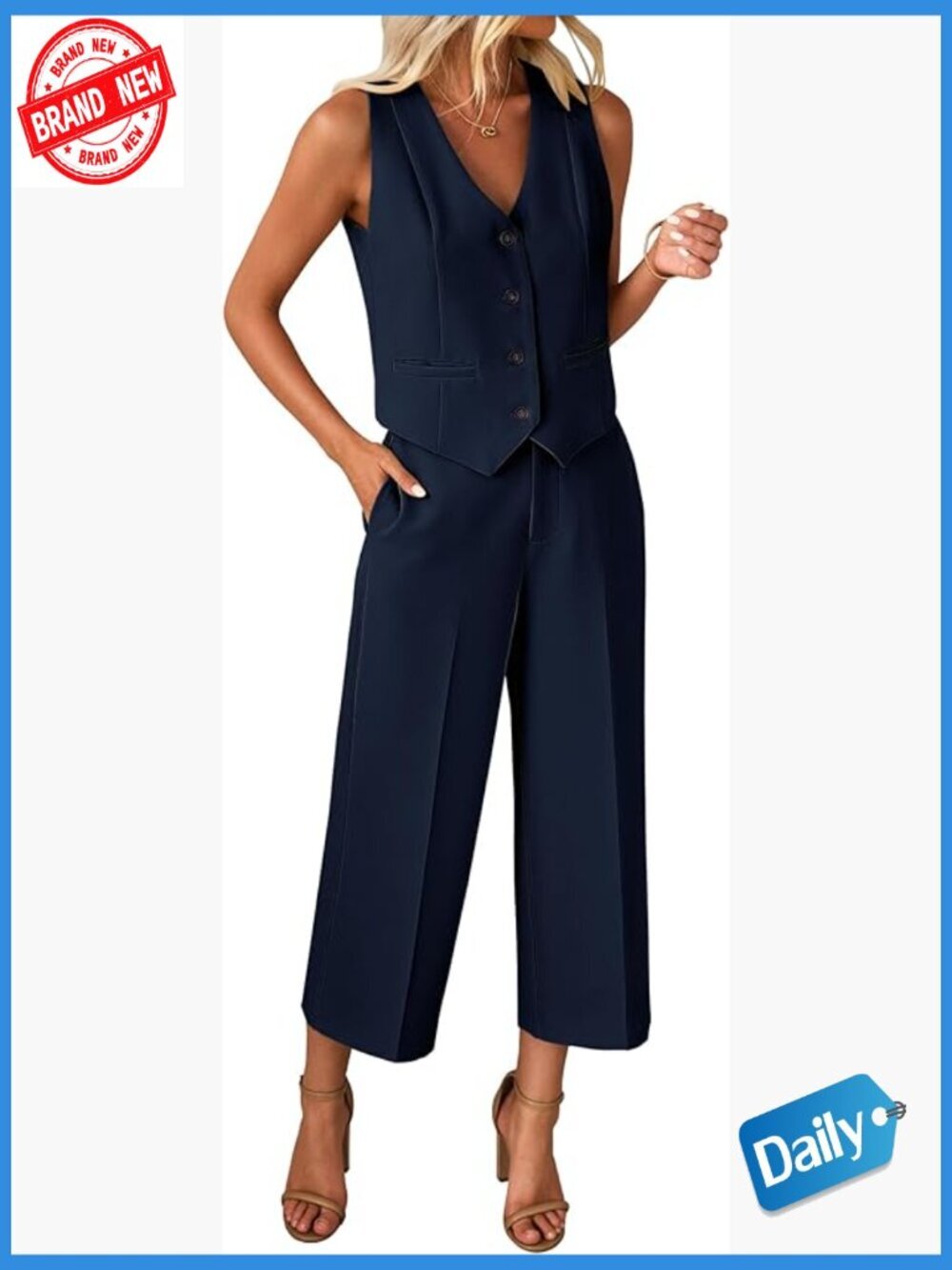 Women's 2 Piece Sleeveless Vest & Wide Leg Capri Pant Suit Set Dressy Casual